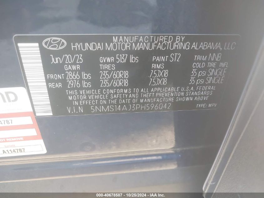 2023 Hyundai Santa Fe Se VIN: 5NMS14AJ3PH596042 Lot: 40678587