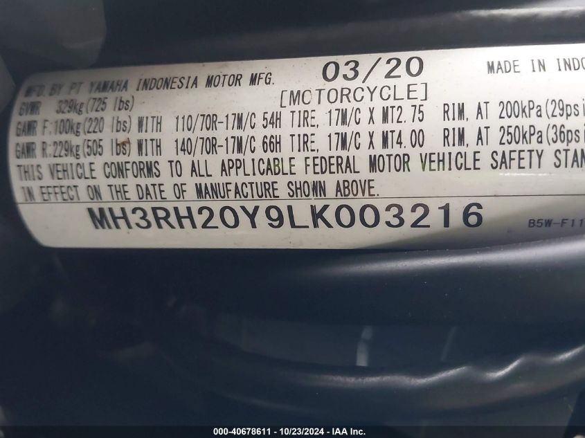 2020 Yamaha Mt-03 VIN: MH3RH20Y9LK003216 Lot: 40678611