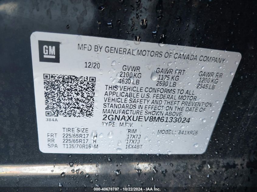 VIN 2GNAXUEV8M6133024 2021 CHEVROLET EQUINOX AWD LT