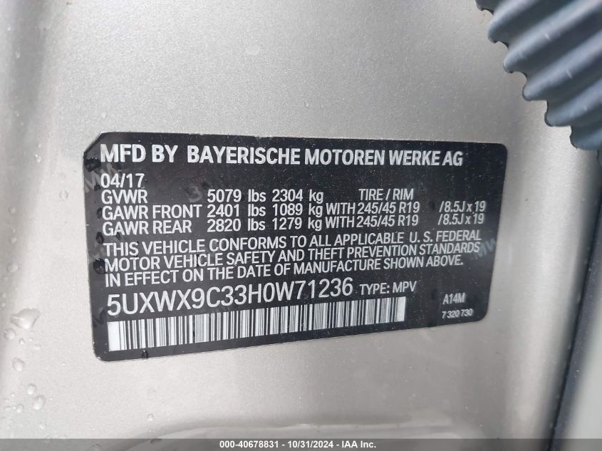 VIN 5UXWX9C33H0W71236 2017 BMW X3, Xdrive28I no.9