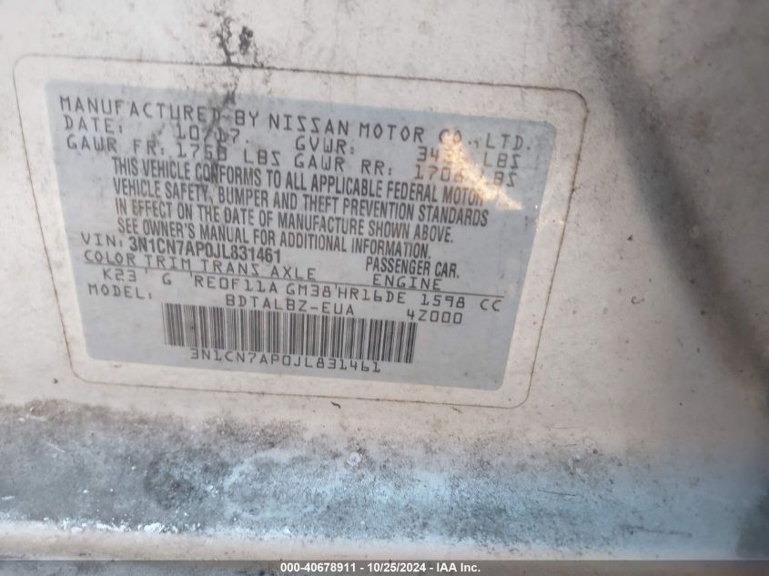2018 NISSAN VERSA VIN: 3N1CN7AP0JL831461