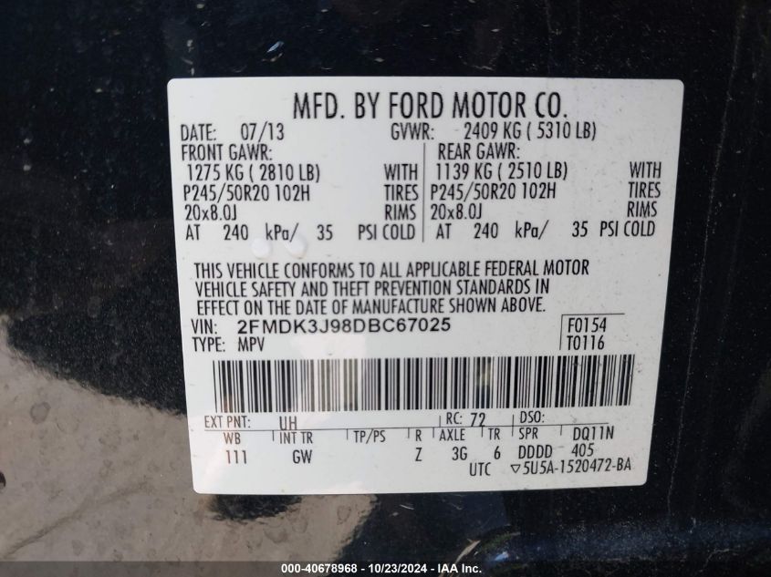 2013 Ford Edge Sel VIN: 2FMDK3J98DBC67025 Lot: 40678968