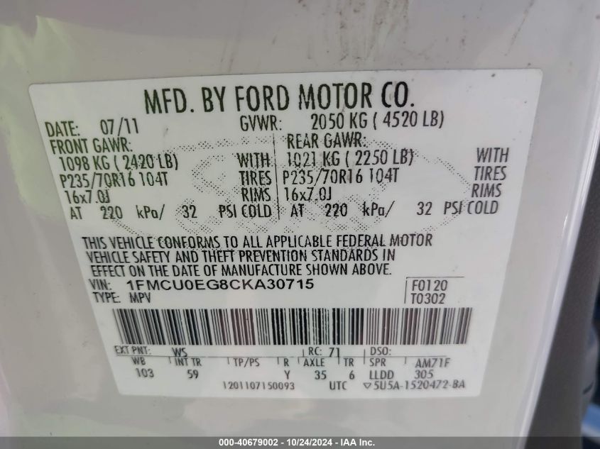 2012 Ford Escape Limited VIN: 1FMCU0EG8CKA30715 Lot: 40679002