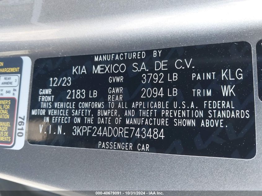 2024 Kia Forte Lxs VIN: 3KPF24AD0RE743484 Lot: 40679091