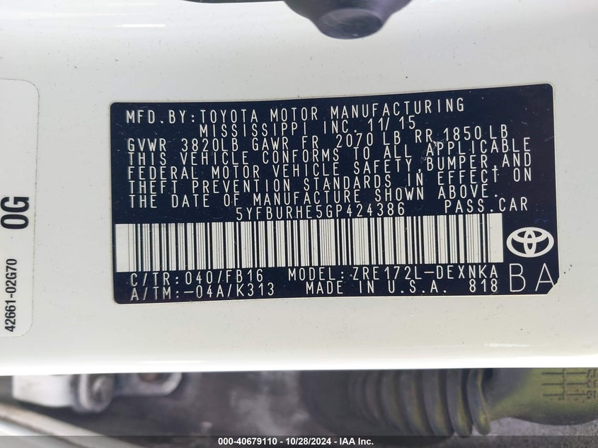 2016 TOYOTA COROLLA LE - 5YFBURHE5GP424386