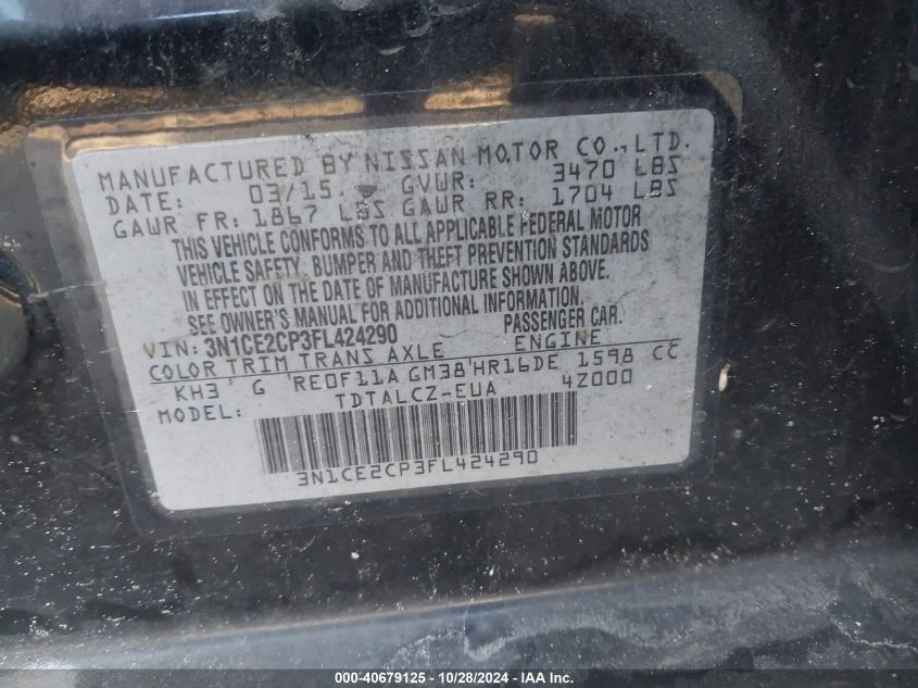 VIN 3N1CE2CP3FL424290 2015 NISSAN VERSA NOTE no.9