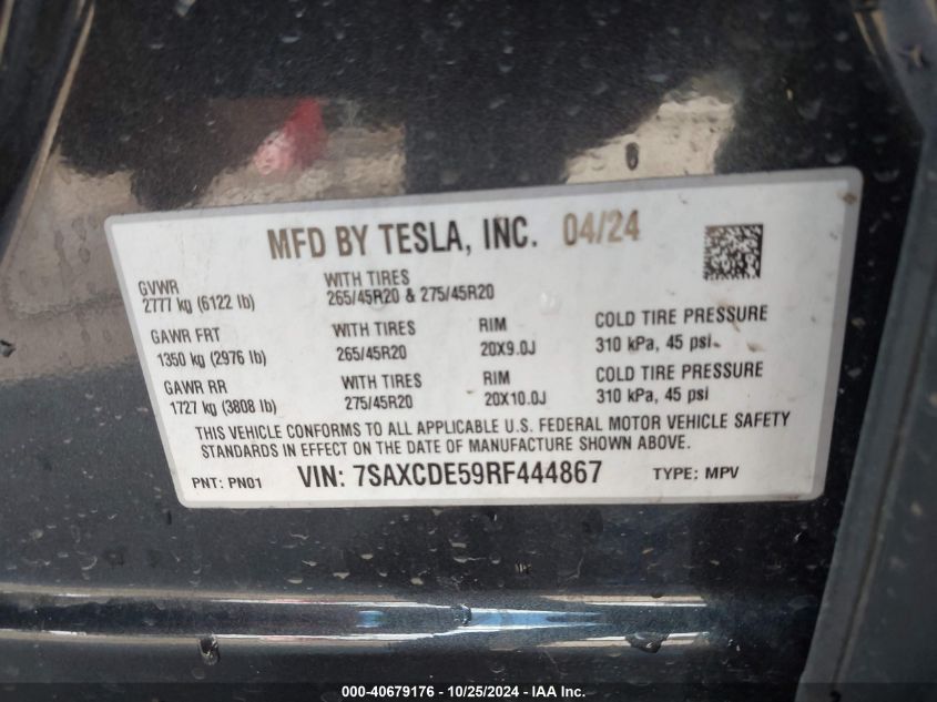 2024 Tesla Model X Long Range VIN: 7SAXCDE59RF444867 Lot: 40679176