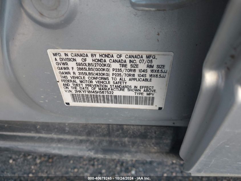 2005 Honda Pilot Lx VIN: 2HKYF18145H567522 Lot: 40679245