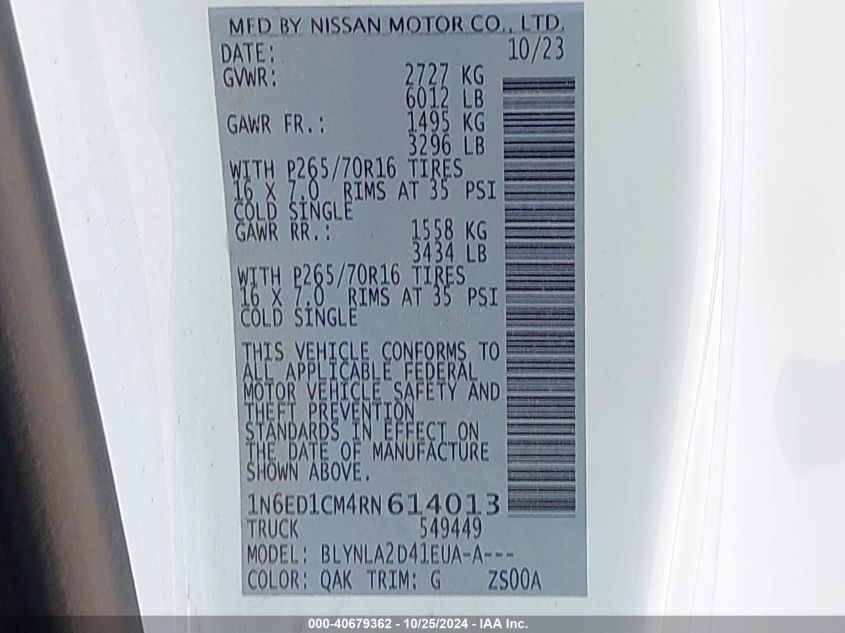 2024 Nissan Frontier S 4X4 VIN: 1N6ED1CM4RN614013 Lot: 40679362