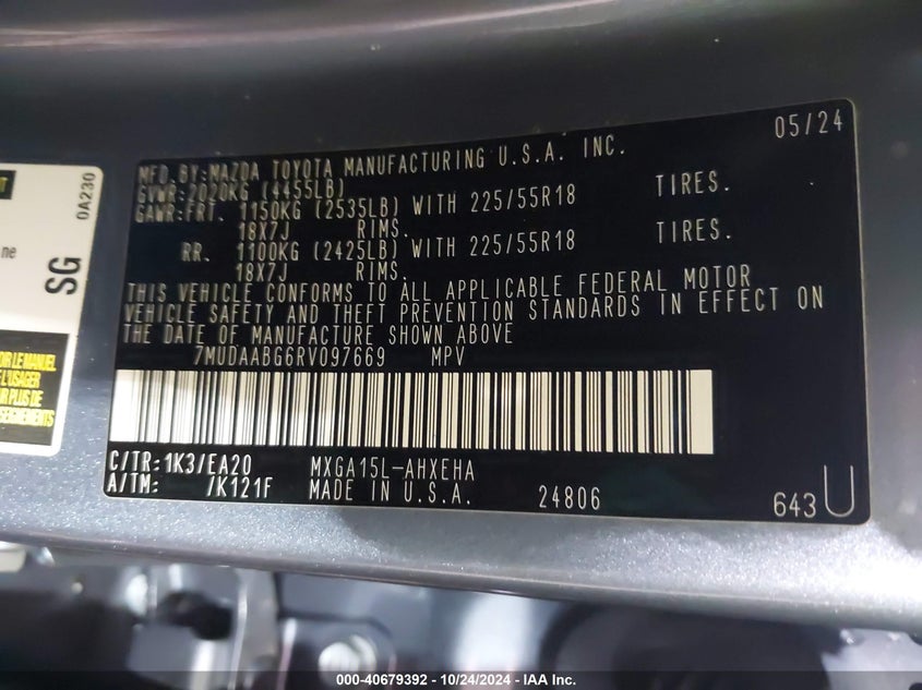 VIN 7MUDAABG6RV097669 2024 TOYOTA COROLLA CROSS XLE