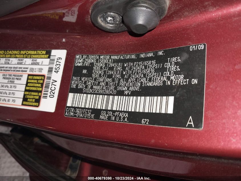 2009 Toyota Sienna Le VIN: 5TDZK23C99S280420 Lot: 40679398