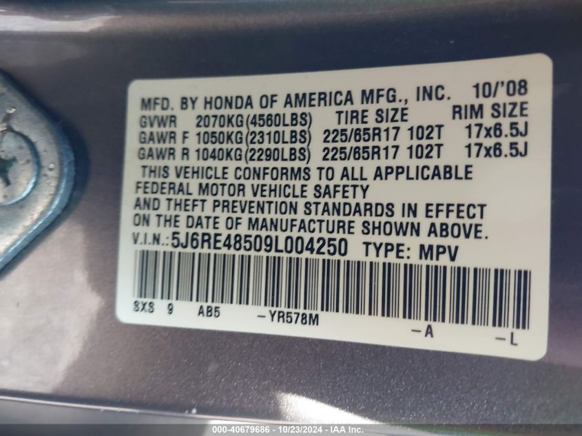 2009 Honda Cr-V Ex VIN: 5J6RE48509L004250 Lot: 40679686