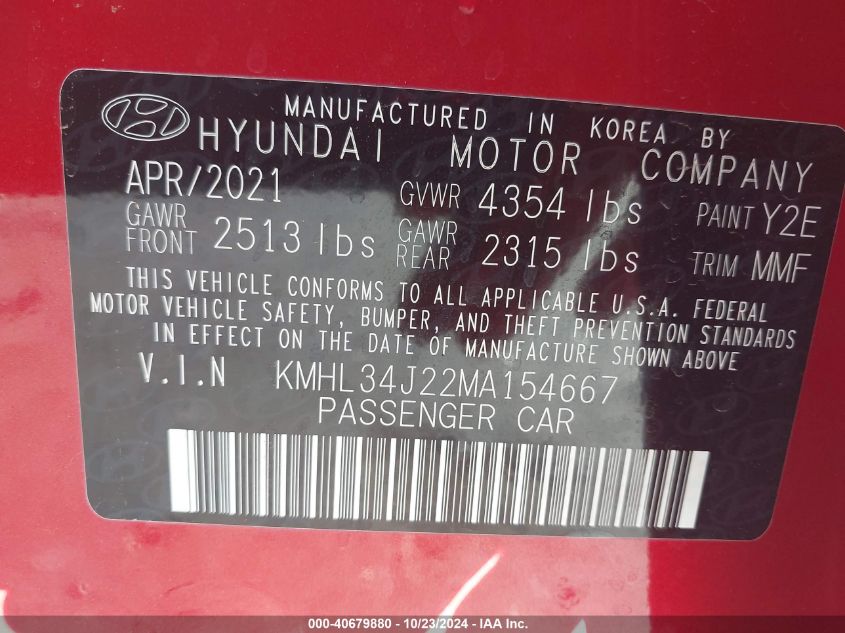 2021 Hyundai Sonata Limited VIN: KMHL34J22MA154667 Lot: 40679880