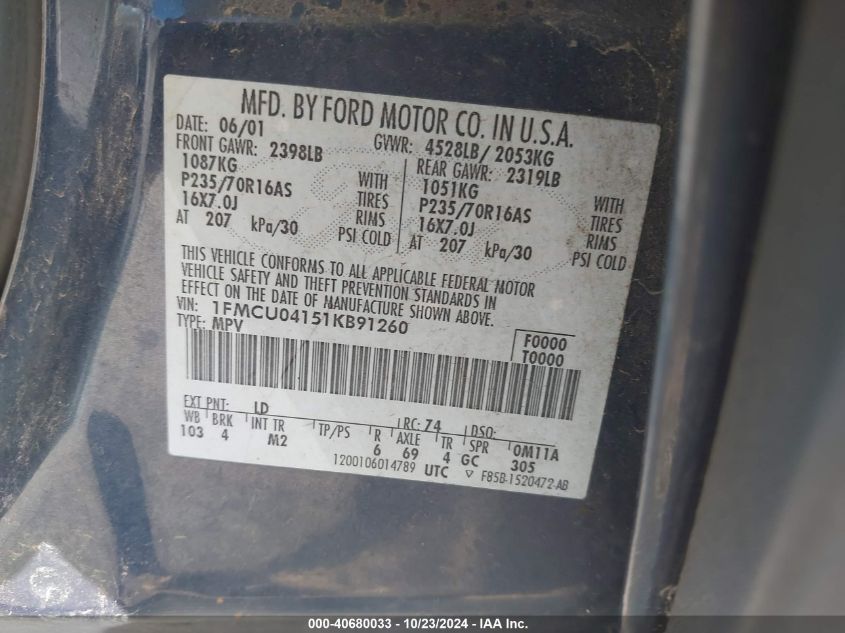 2001 Ford Escape Xlt VIN: 1FMCU04151KB91260 Lot: 40680033