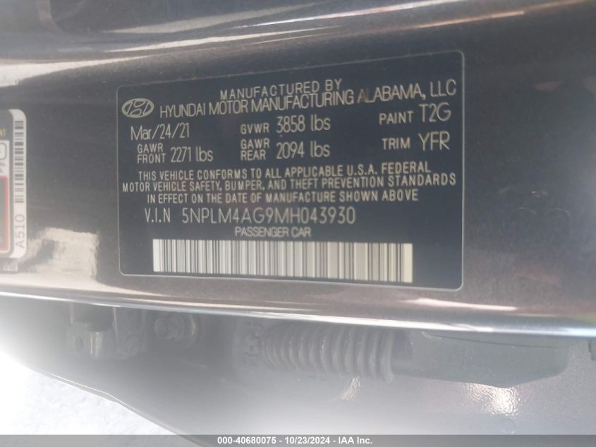 2021 Hyundai Elantra Sel VIN: 5NPLM4AG9MH043930 Lot: 40680075