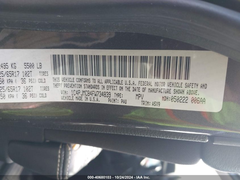 2015 Jeep Cherokee Latitude VIN: 1C4PJMCB4FW734839 Lot: 40680103