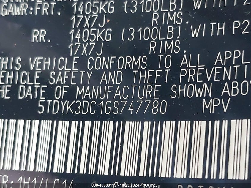 2016 Toyota Sienna Xle 8 Passenger VIN: 5TDYK3DC1GS747780 Lot: 40680119