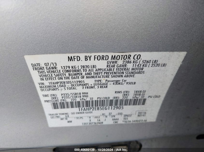 2014 Ford Taurus Sel VIN: 1FAHP2E85EG112905 Lot: 40680139