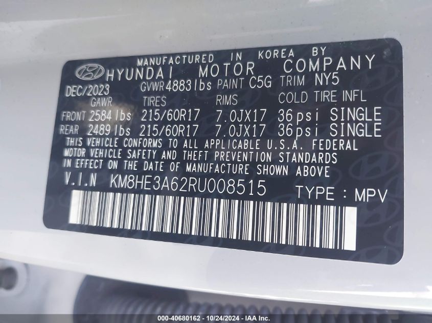 2024 Hyundai Kona Electric Limited VIN: KM8HE3A62RU008515 Lot: 40680162