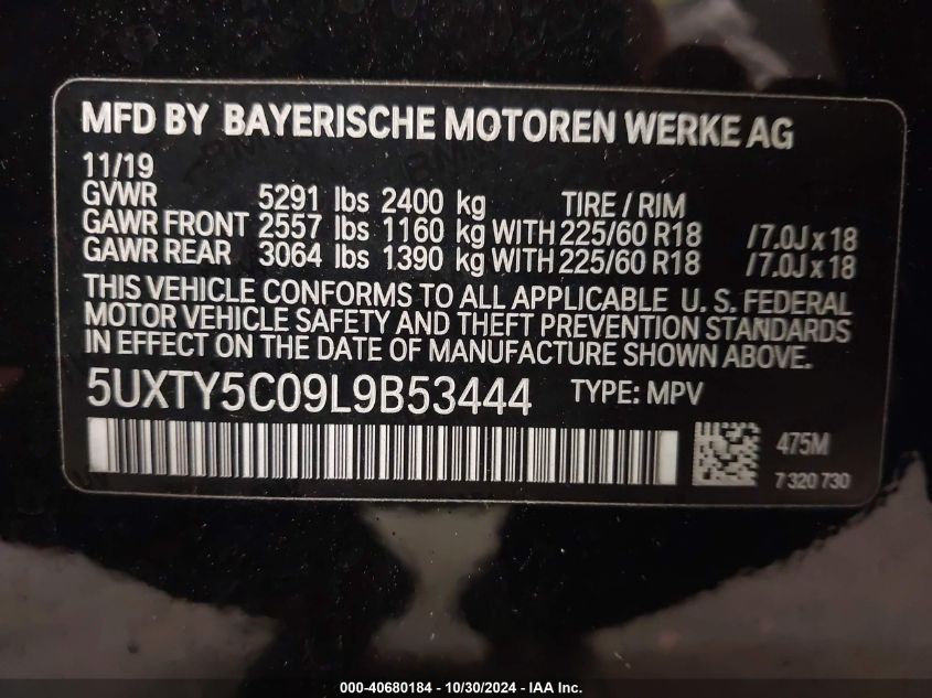 2020 BMW X3 xDrive30I VIN: 5UXTY5C09L9B53444 Lot: 40680184