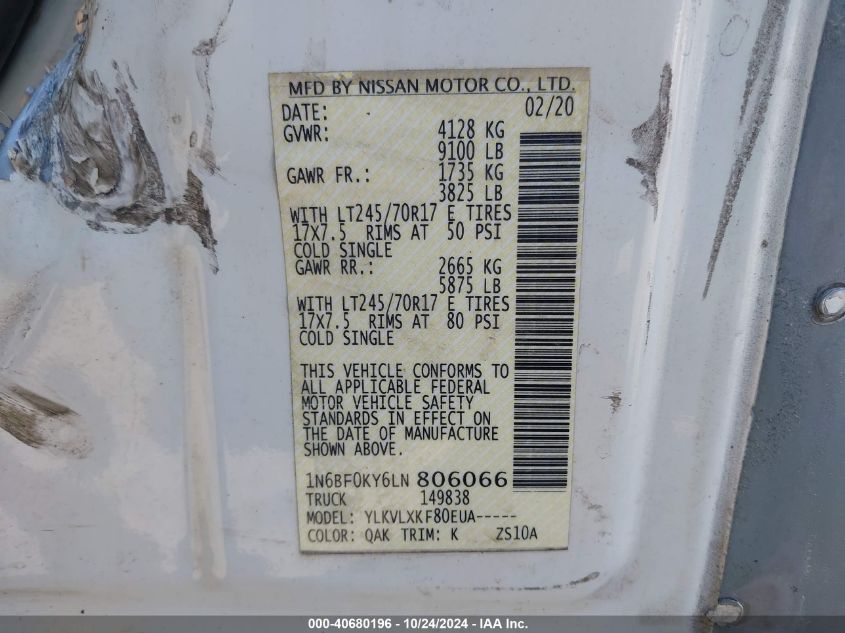 VIN 1N6BF0KY6LN806066 2020 NISSAN NV CARGO NV2500 HD no.9