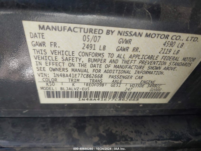 2007 Nissan Maxima 3.5 Se VIN: 1N4BA41E77C862668 Lot: 40680260