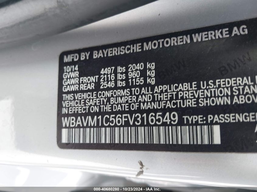 2015 BMW X1 Sdrive28I VIN: WBAVM1C56FV316549 Lot: 40680280