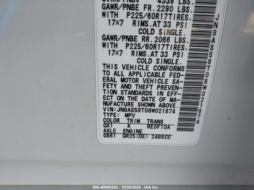 2008 Nissan Rogue Sl VIN: JN8AS58T08W021874 Lot: 40680282