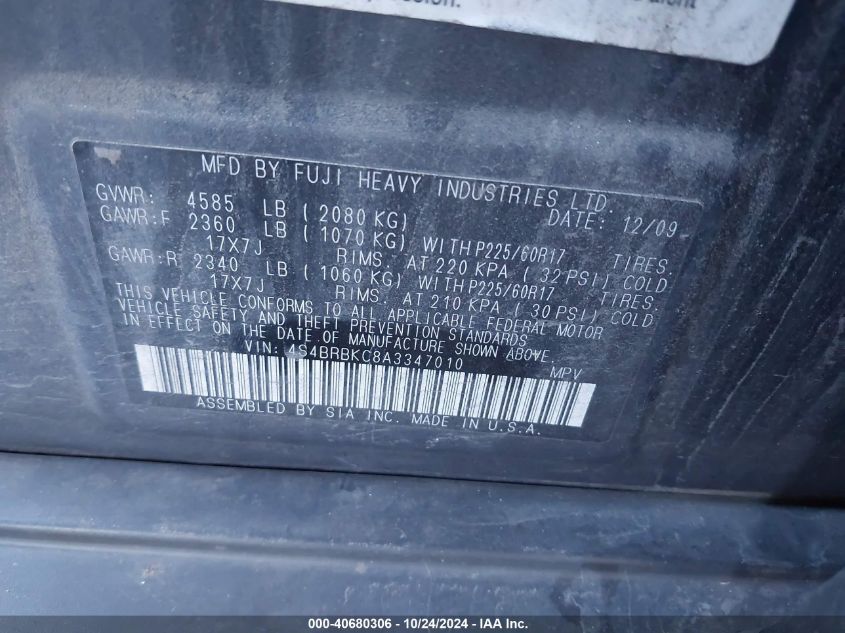 2010 Subaru Outback 2.5I Limited VIN: 4S4BRBKC8A3347010 Lot: 40680306