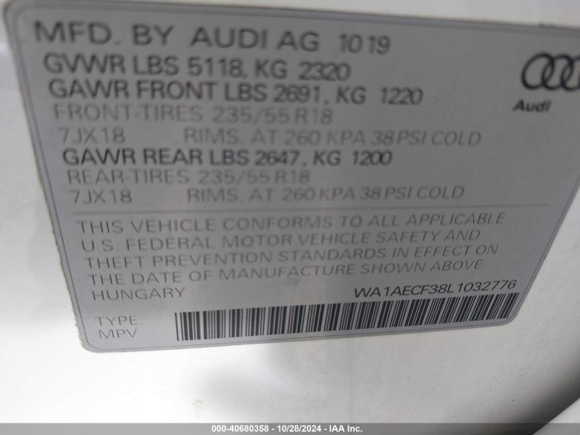 2020 Audi Q3 Premium VIN: WA1AECF38L1032776 Lot: 40680358