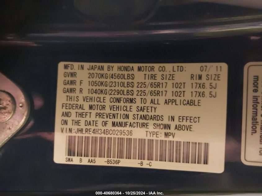 2011 Honda Cr-V Lx VIN: JHLRE4H34BC029536 Lot: 40680364