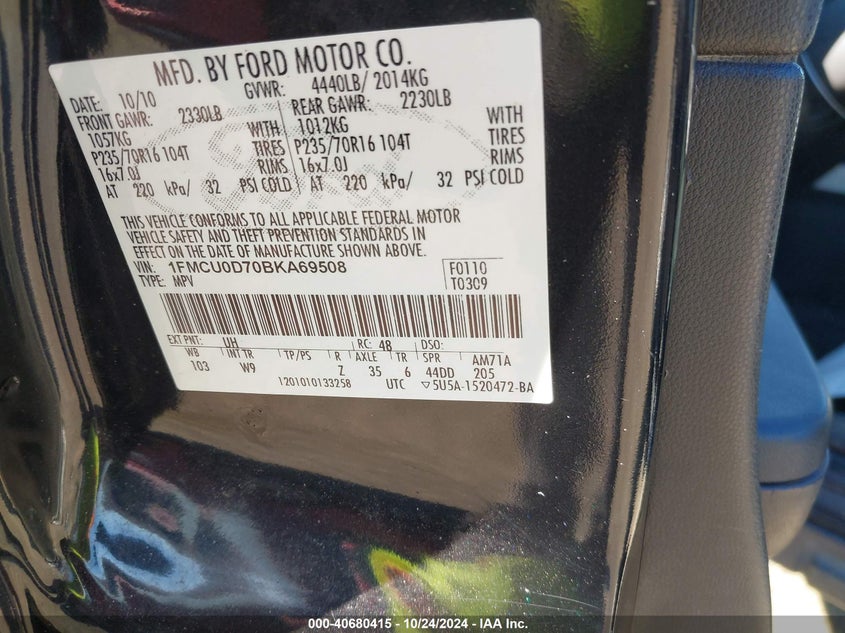 2011 Ford Escape Xlt VIN: 1FMCU0D70BKA69508 Lot: 40680415