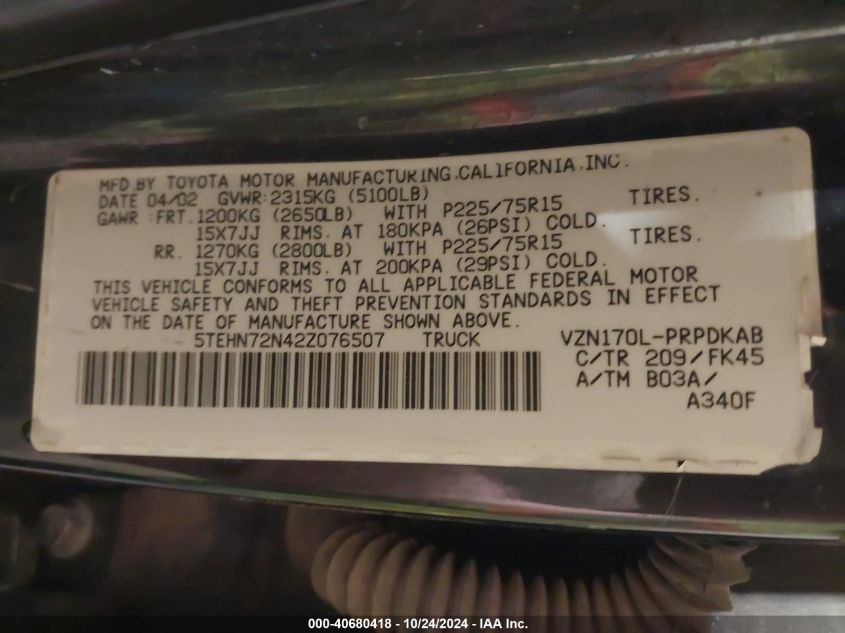 2002 Toyota Tacoma Base V6 VIN: 5TEHN72N42Z076507 Lot: 40680418
