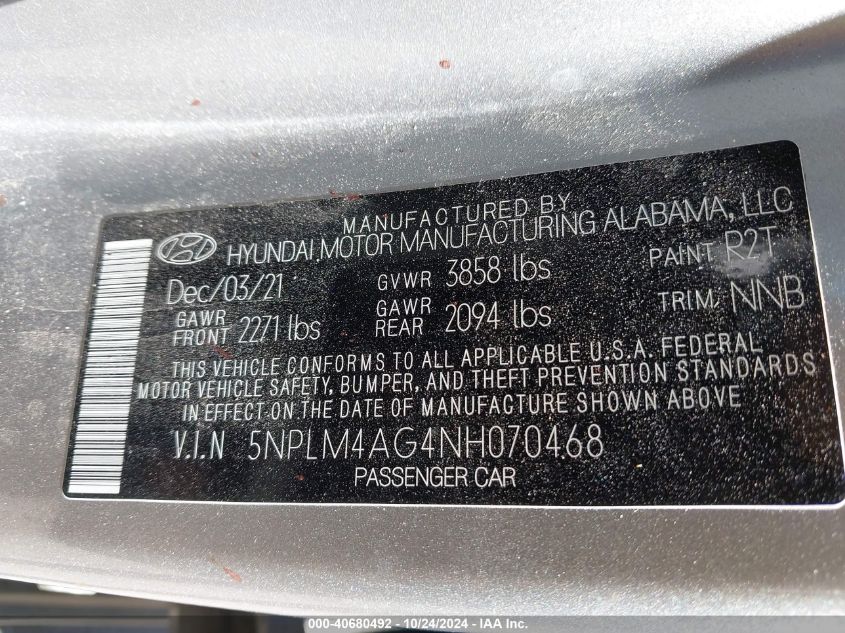 2022 Hyundai Elantra Sel VIN: 5NPLM4AG4NH070468 Lot: 40680492