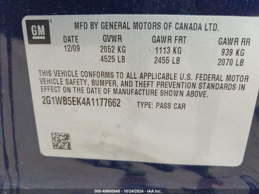 2010 Chevrolet Impala Lt VIN: 2G1WB5EK4A1177662 Lot: 40680548
