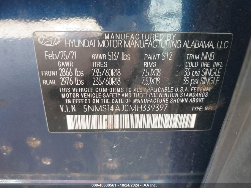 2021 Hyundai Santa Fe Se VIN: 5NMS14AJ0MH339397 Lot: 40680561