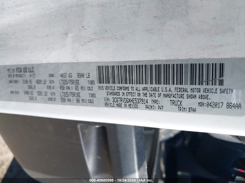 2017 Ram Promaster 2500 High Roof 159 Wb VIN: 3C6TRVDGXHE537914 Lot: 40680598