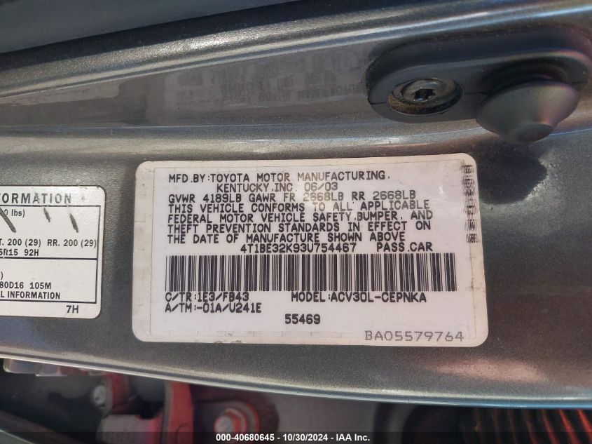 2003 Toyota Camry Le VIN: 4T1BE32K93U754467 Lot: 40680645