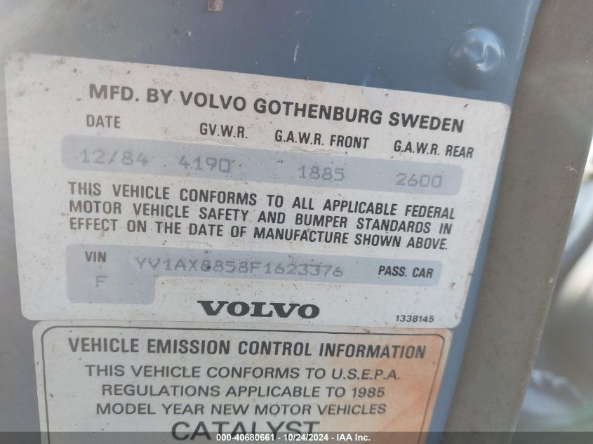 1985 Volvo 245 Dl/Gl VIN: YV1AX8858F1623376 Lot: 40680661