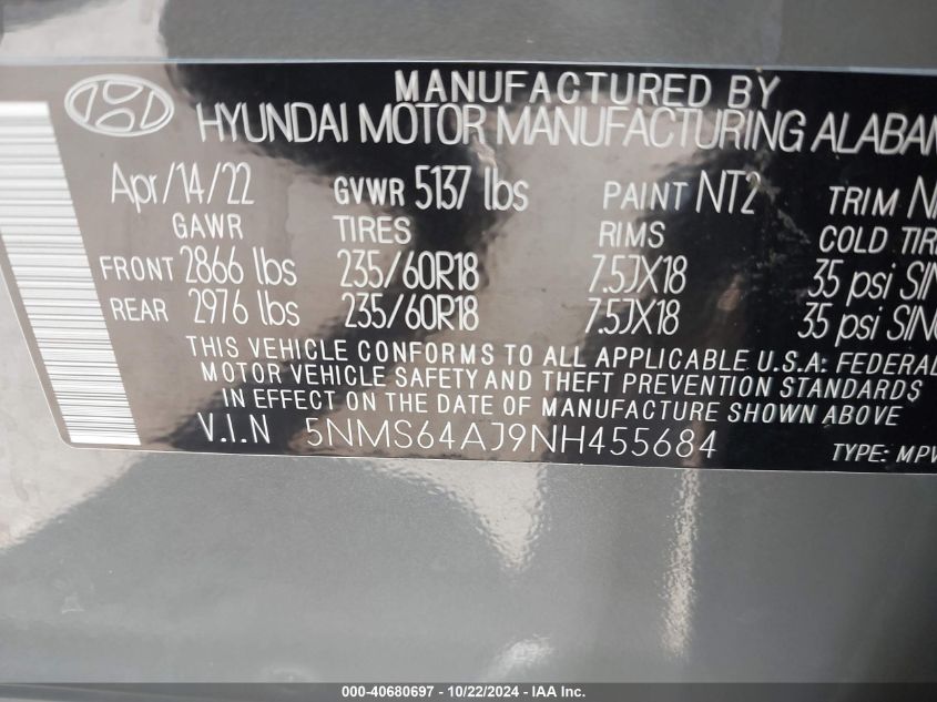 2022 Hyundai Santa Fe Xrt VIN: 5NMS64AJ9NH455684 Lot: 40680697