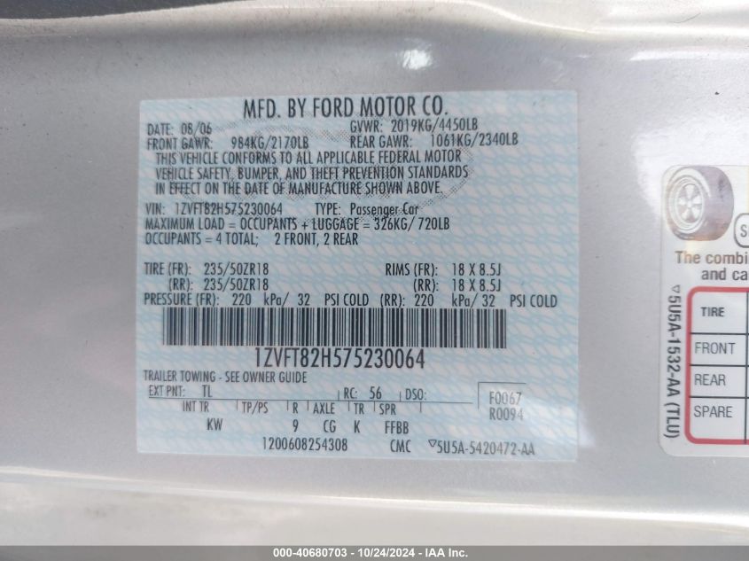2007 Ford Mustang Gt Deluxe/Gt Premium VIN: 1ZVFT82H575230064 Lot: 40680703