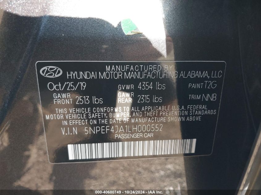 2020 Hyundai Sonata Sel VIN: 5NPEF4JA1LH000552 Lot: 40680749