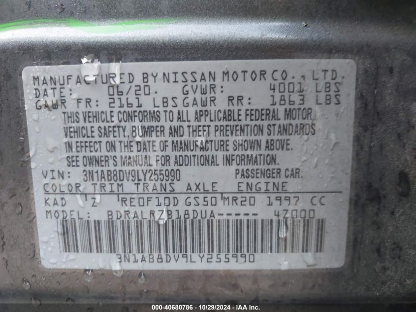 2020 Nissan Sentra Sr Xtronic Cvt VIN: 3N1AB8DV9LY255990 Lot: 40680786