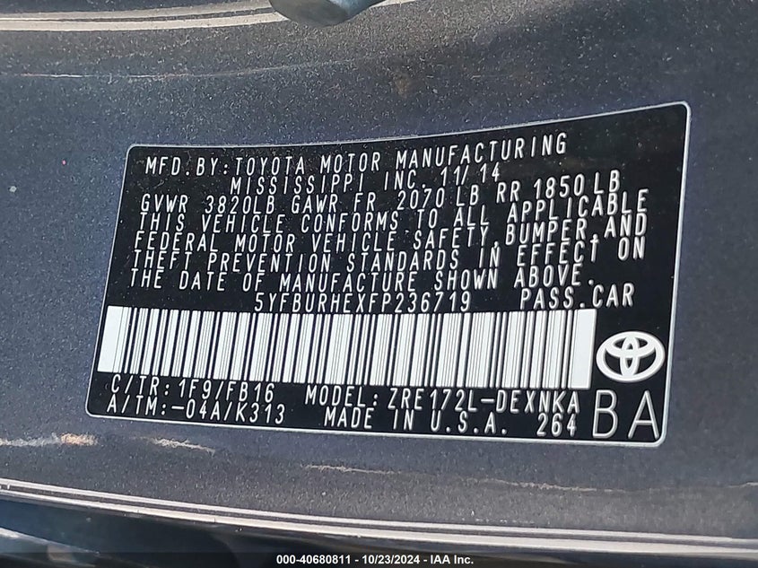 2015 TOYOTA COROLLA LE - 5YFBURHEXFP236719