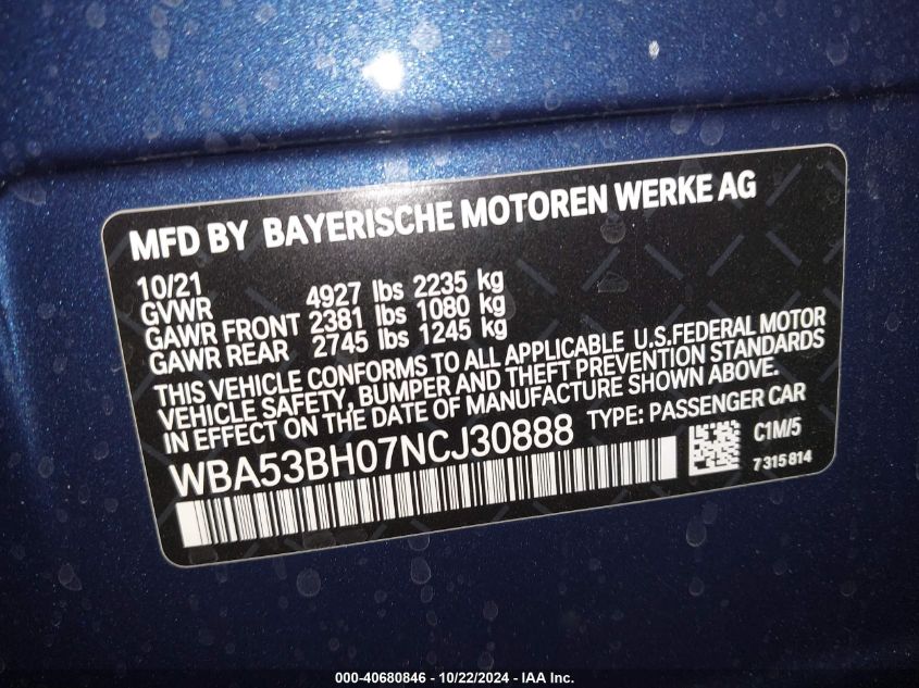 2022 BMW 530 I VIN: WBA53BH07NCJ30888 Lot: 40680846