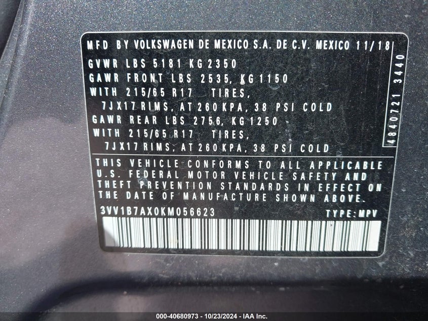 VIN 3VV1B7AX0KM056623 2019 VOLKSWAGEN TIGUAN 2.0T S