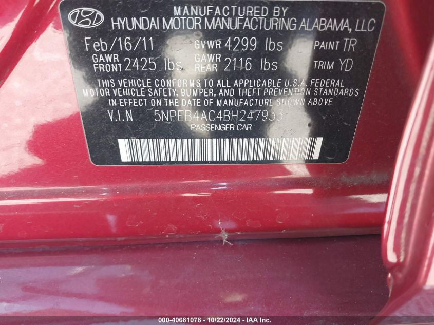 2011 Hyundai Sonata Gls VIN: 5NPEB4AC4BH247933 Lot: 40681078