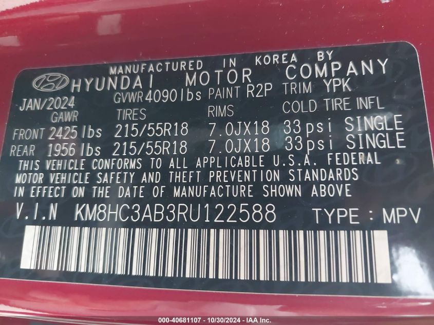 2024 Hyundai Kona Sel VIN: KM8HC3AB3RU122588 Lot: 40681107