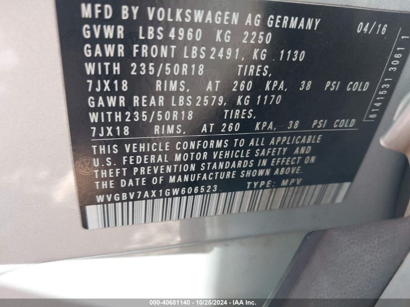 2016 Volkswagen Tiguan Se VIN: WVGBV7AX1GW606523 Lot: 40681140