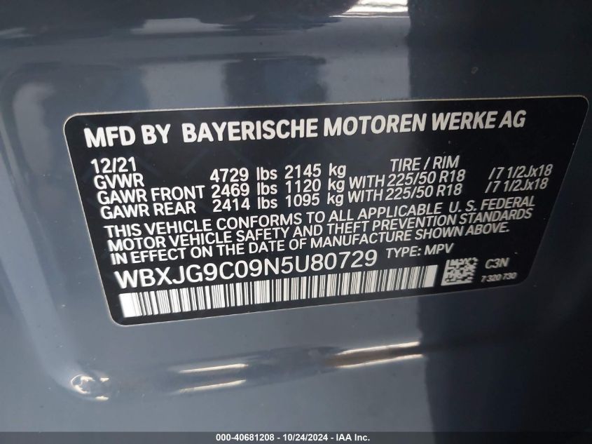 2022 BMW X1 xDrive28I VIN: WBXJG9C09N5U80729 Lot: 40681208